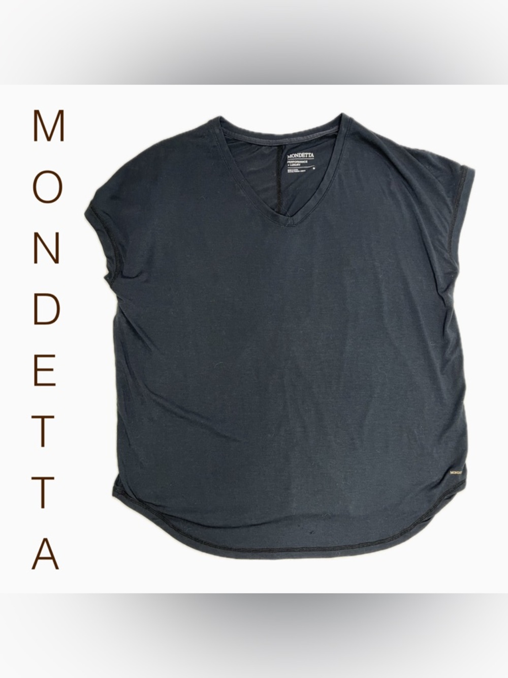 Mondetta Black V-Neck Cap Sleeve Tee, Polygiene, M